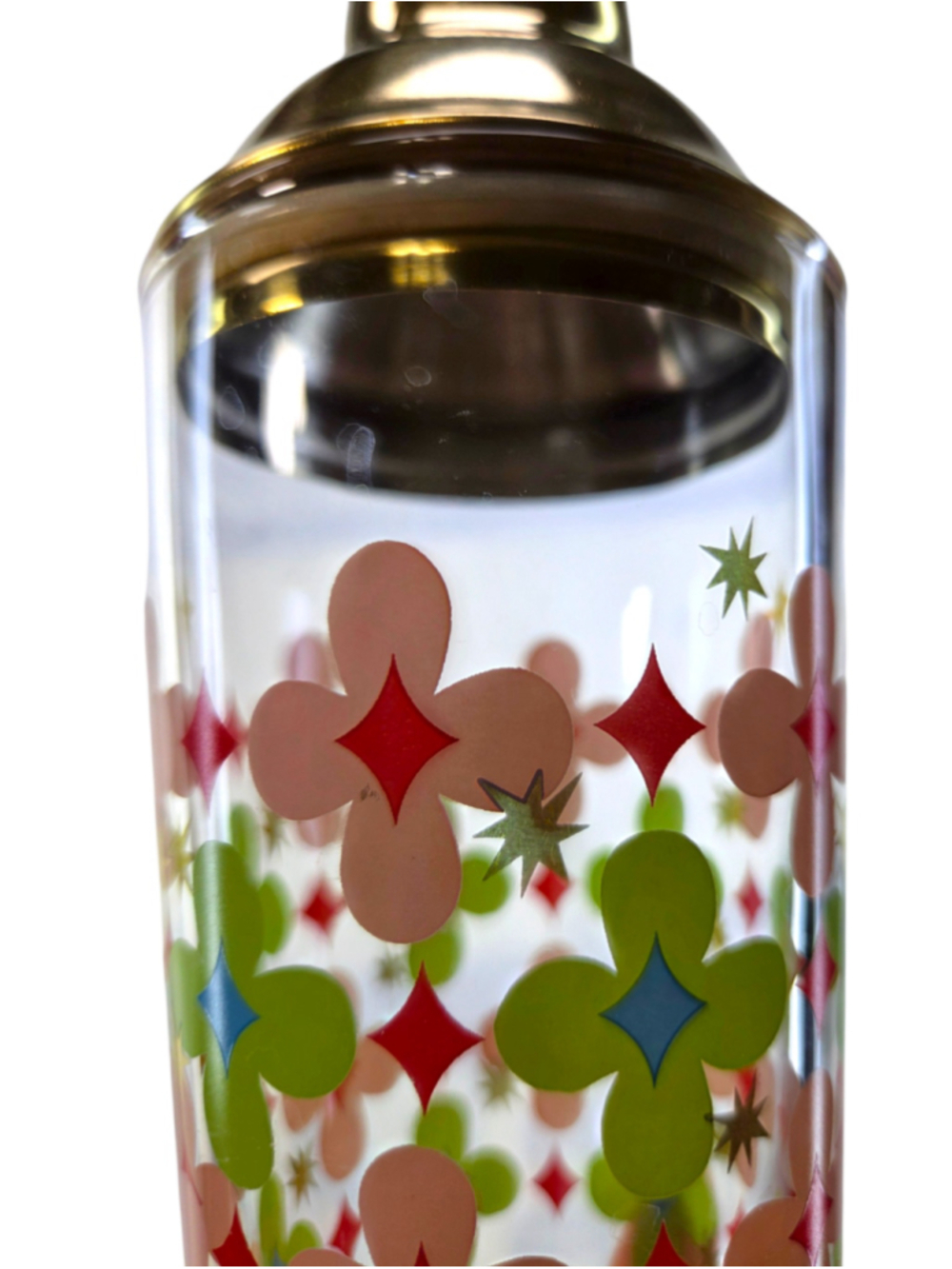 Retro MCM Style Floral Glass Cocktail Shaker Gold Metal Lid Colorful - Picture 3 of 10